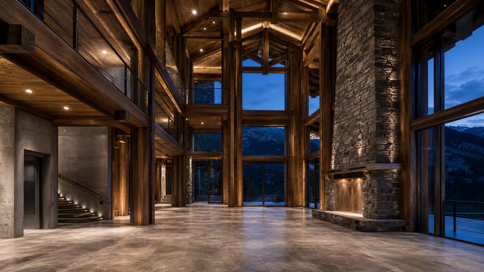 A double-height timber great hall at dusk, stone hearth and mountain view
