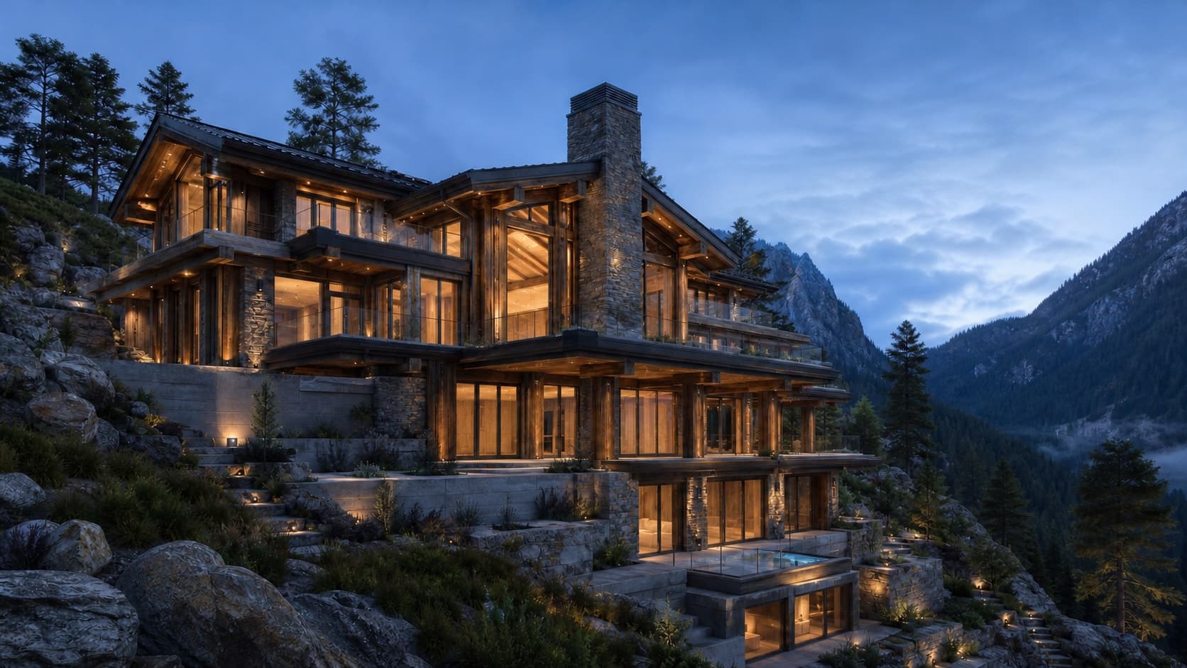 A log-and-stone mountain sanctuary at dusk, warm light in every window